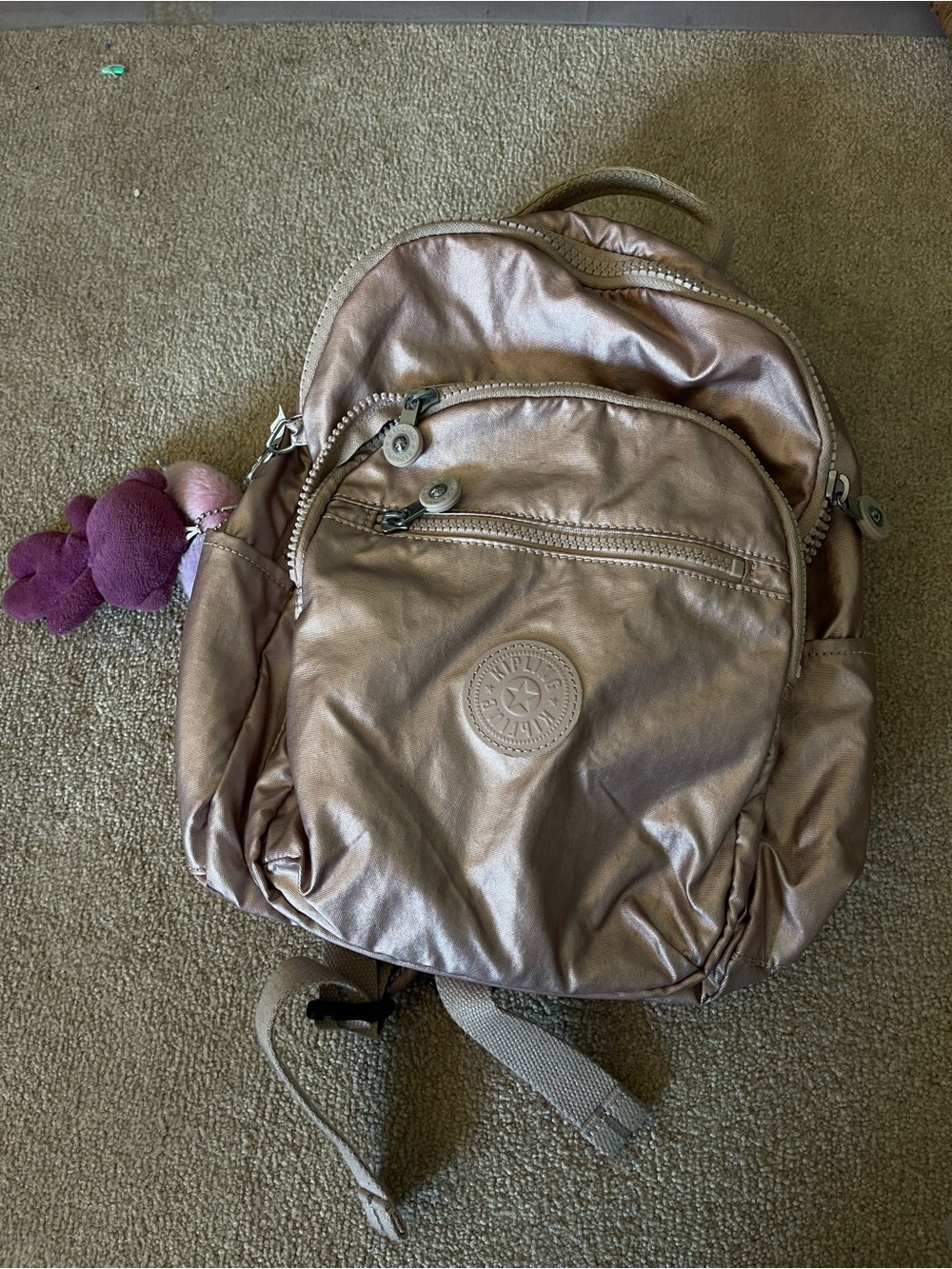 Kipling Metallic Rose Backpack with Purple Plush Charm
